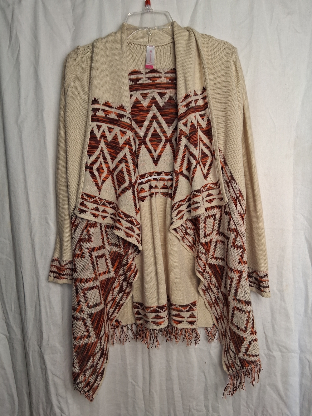No Boundaries Cream and Brown Aztec Fringe Open-Front Cardigan